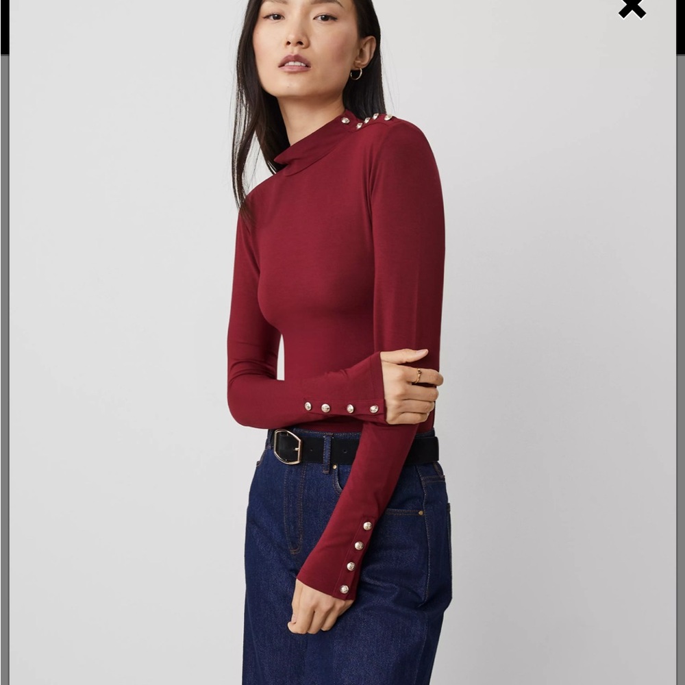 Ann Taylor Red Long Sleeve Fitted Bodysuit with Mandarin Collar